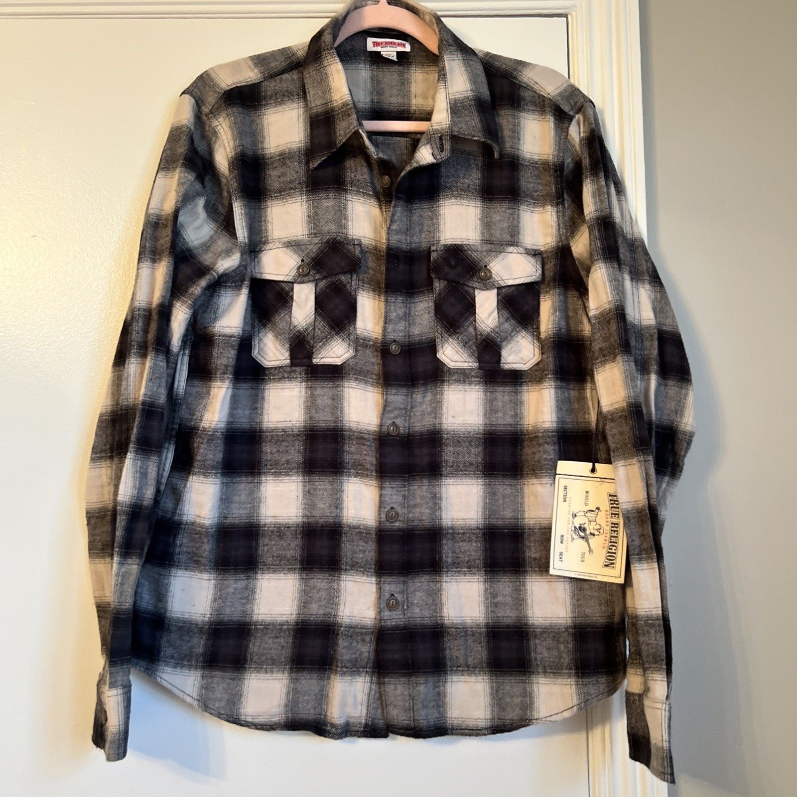 True Religion Sz M Mens Utility Flanel Midnight Moon Plaid Pocket L/S $132 Nwt